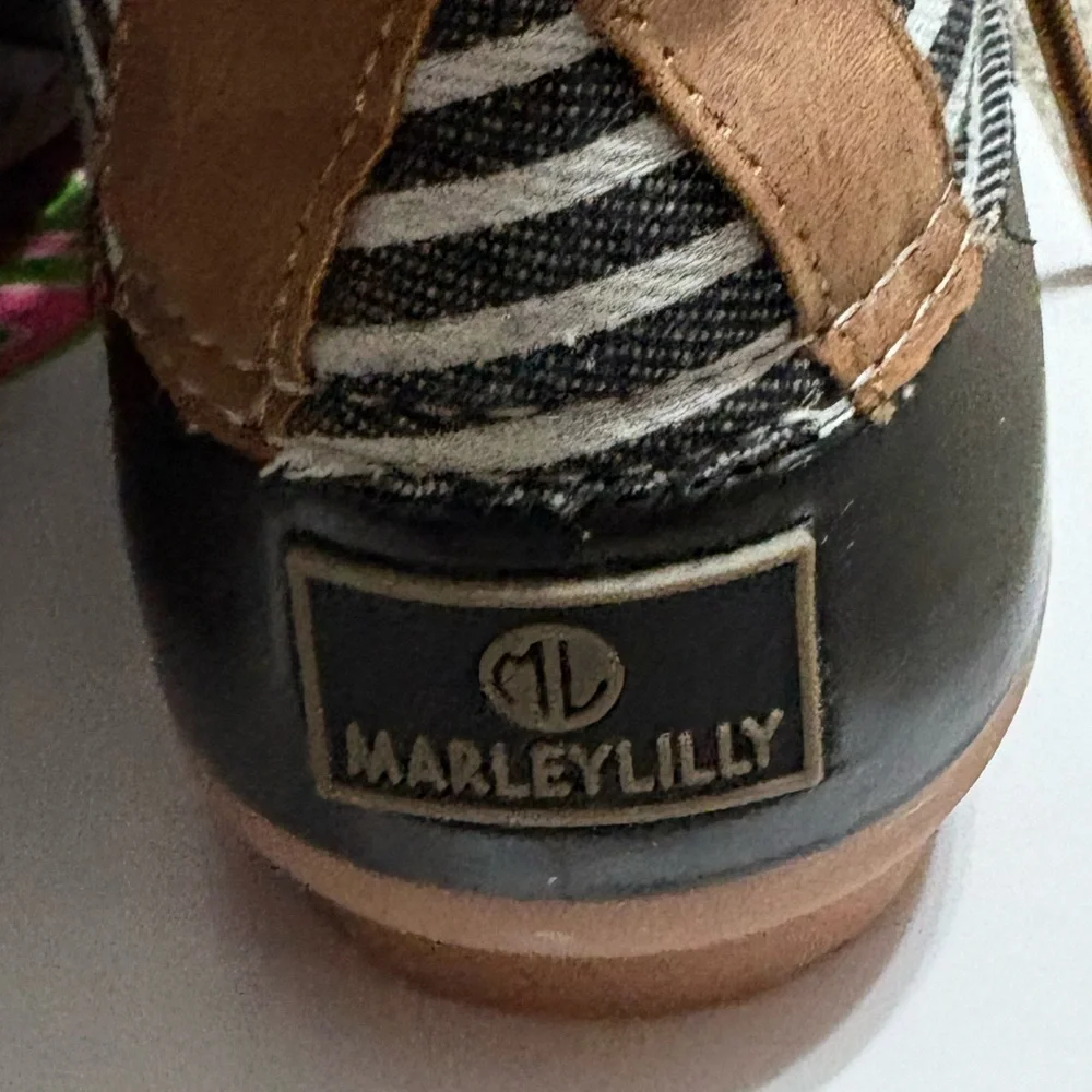 Marleylilly Womens SZ 8 black white striped duck boots mud rain boots waterproof